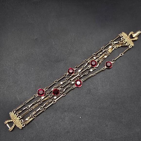 Coro Gold Tone Chain Bracelet with Red Rhinestones Layered Vintage Jewelry - Picture 3 of 11